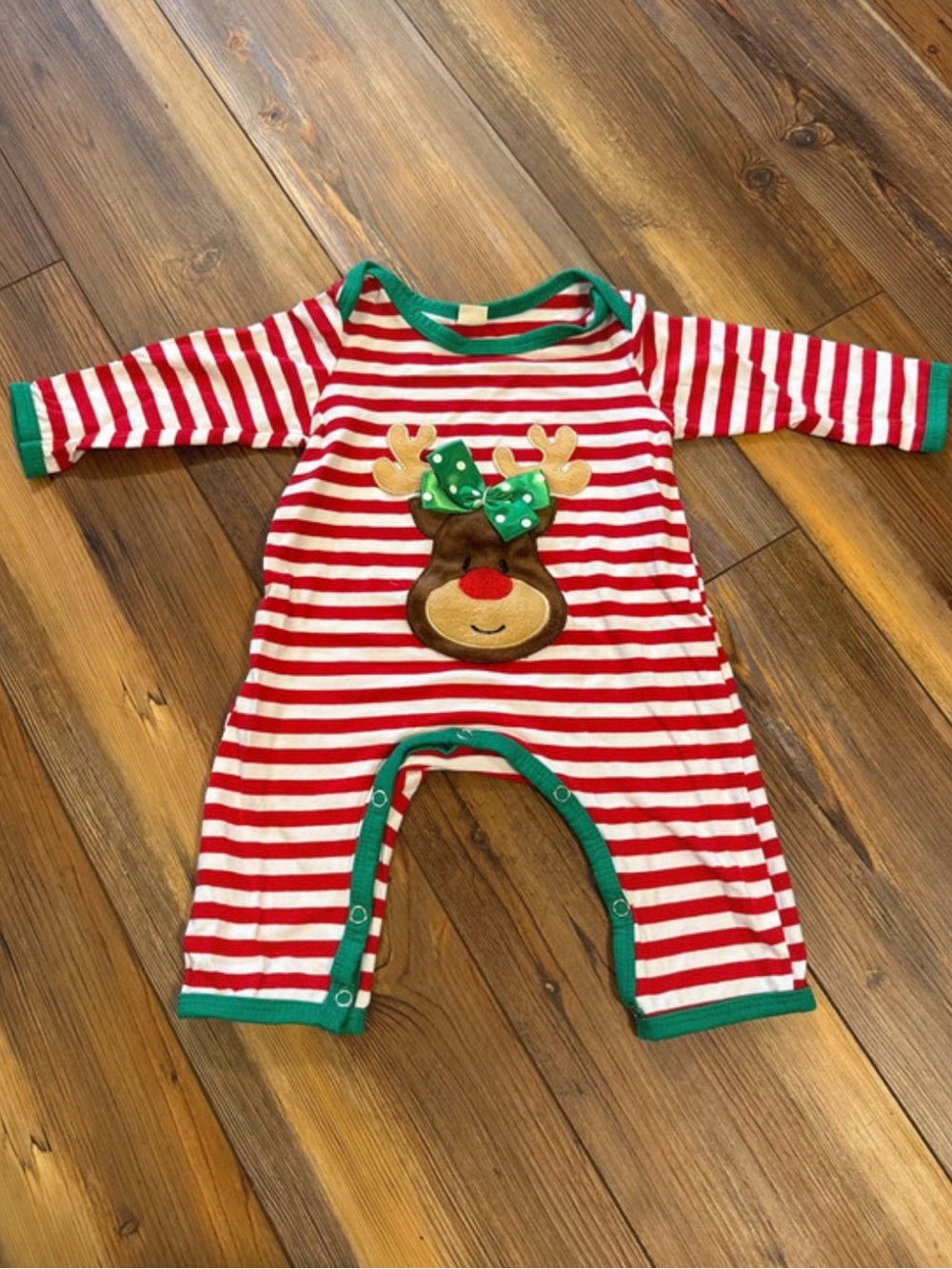 6-12 month Holiday Red & White Striped Reindeer One-Piece for Kids